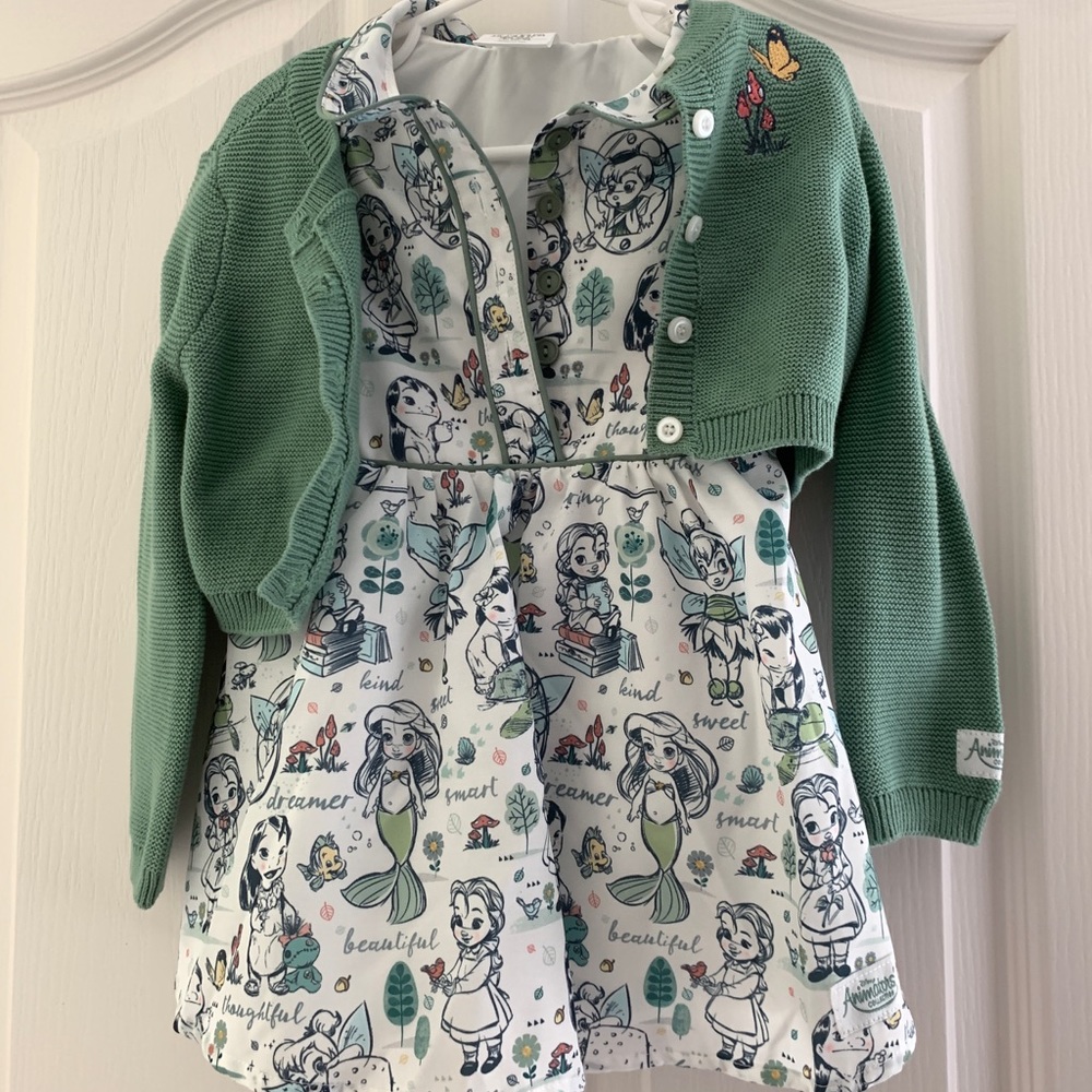 Disney Green and White Princess Dress with Green Cardigan